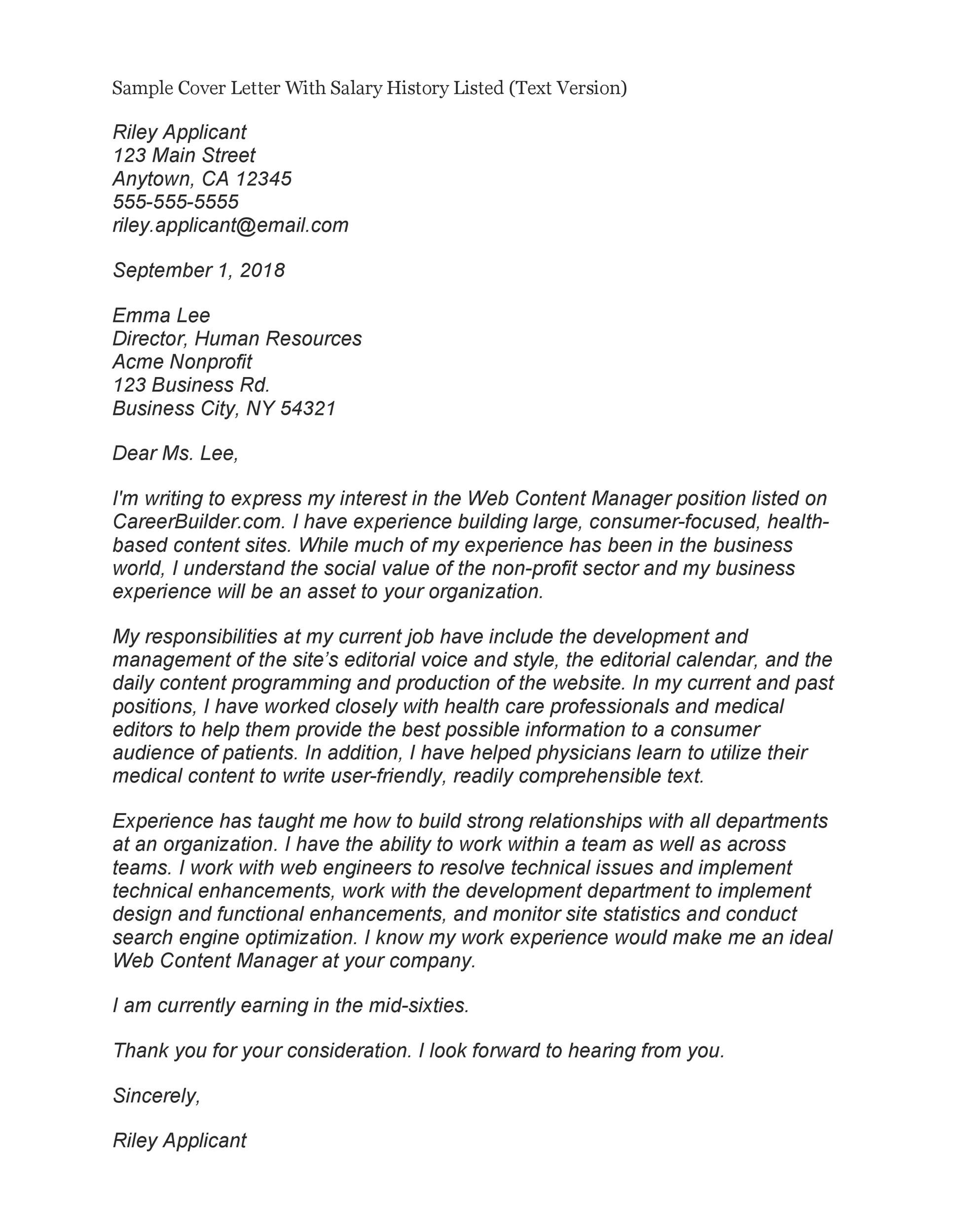 Sample Cover Letter for Resume with Salary Requirements Cover Letter with Salary History Collection