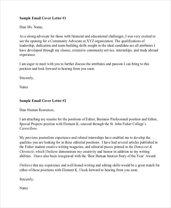 Sample Cover Letter for Sending Resume Via Email Free 6 Sample Resume Cover Letter formats In Pdf