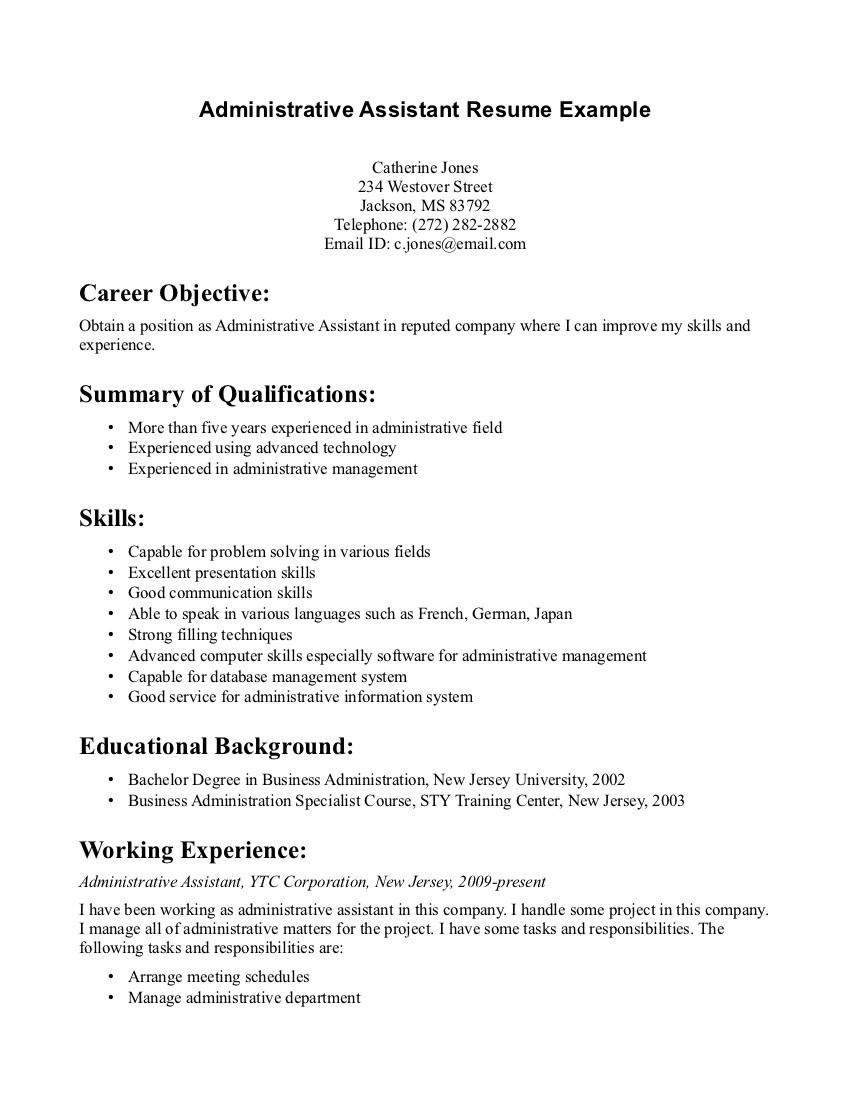 Sample Objective for Executive assistant Resume Career Objective for Ms – Derel