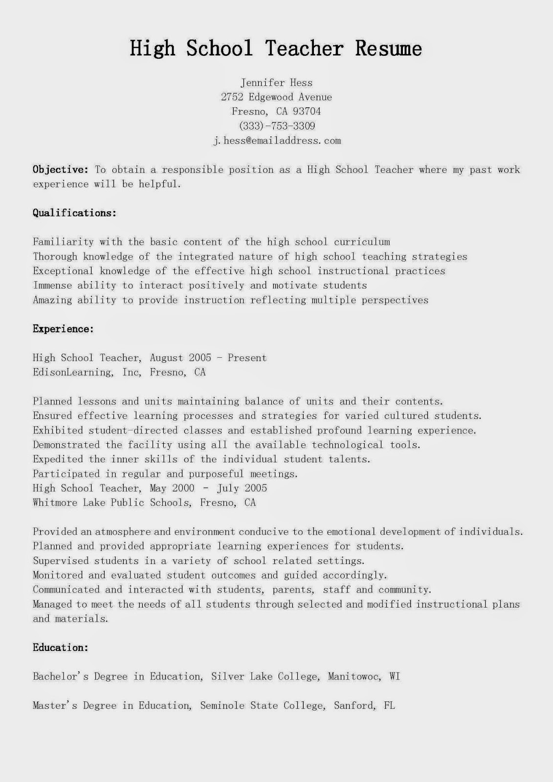 Sample Resume for A High School Teacher Resume Samples High School Teacher Resume Sample