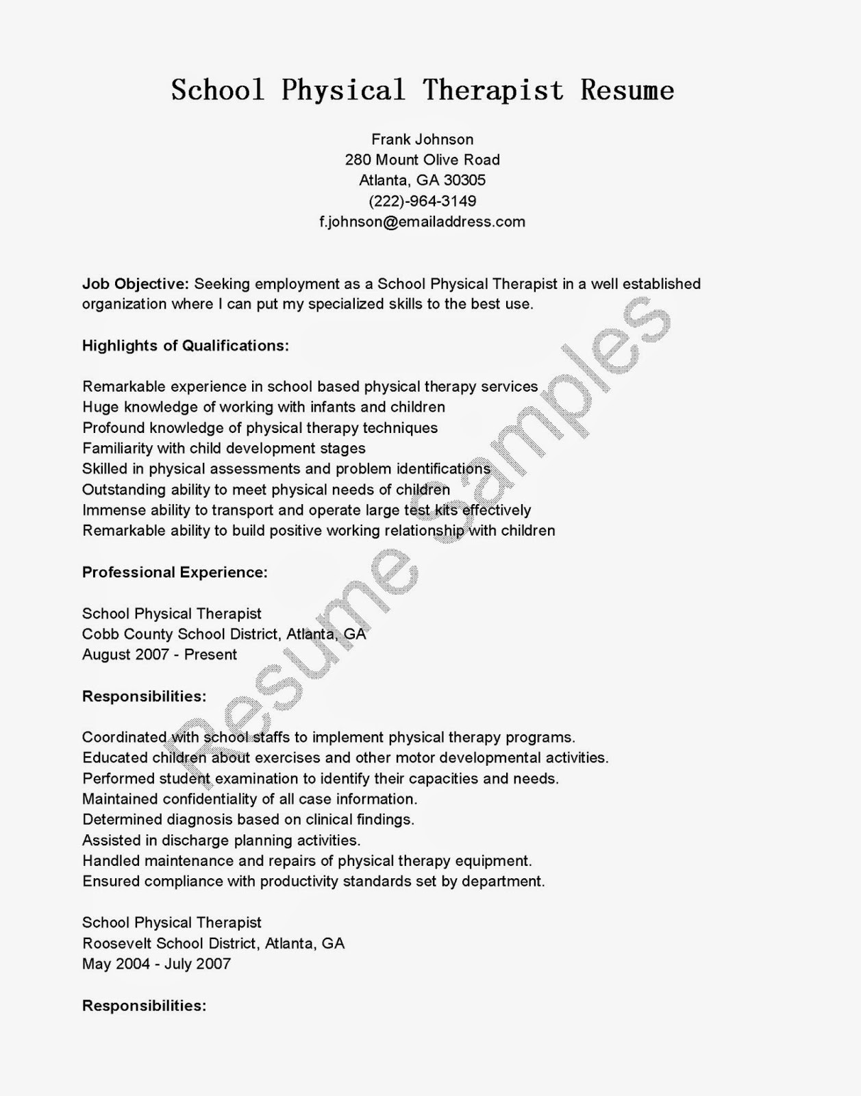 Sample Resume for Applying to Physical therapy School Resume Samples School Physical therapist Resume