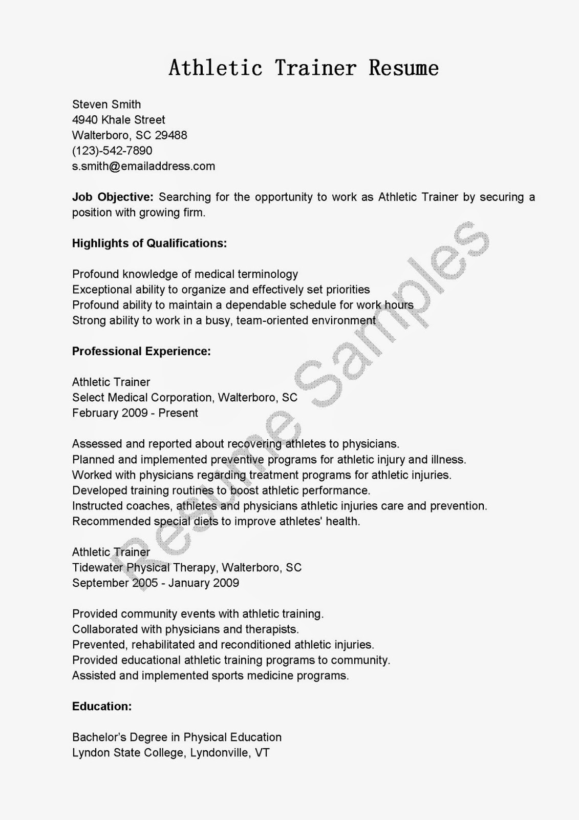 Sample Resume for athletic Trainer Position Resume Samples athletic Trainer Resume Sample