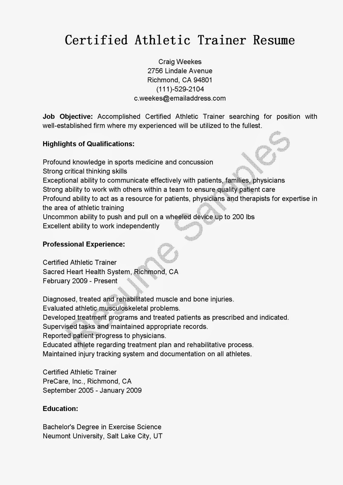 Sample Resume for athletic Trainer Position Resume Samples Certified athletic Trainer Resume Sample