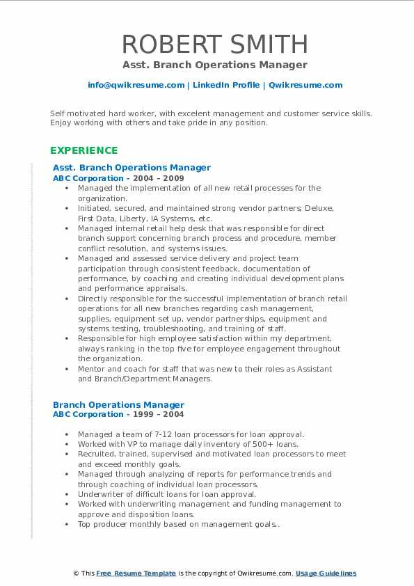 Sample Resume for Branch Operations Manager Branch Operations Manager Resume Samples
