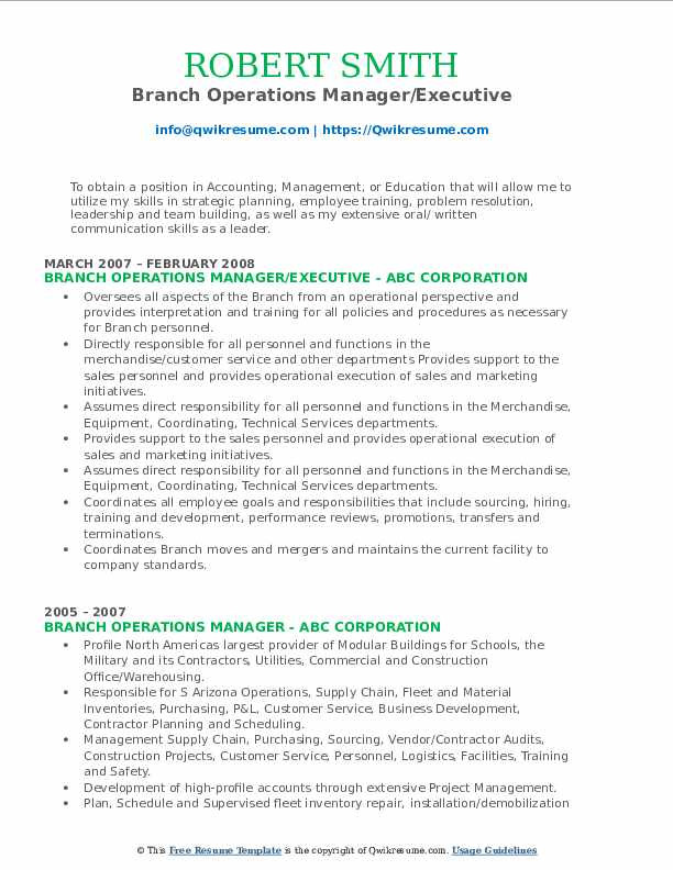 Sample Resume for Branch Operations Manager Branch Operations Manager Resume Samples