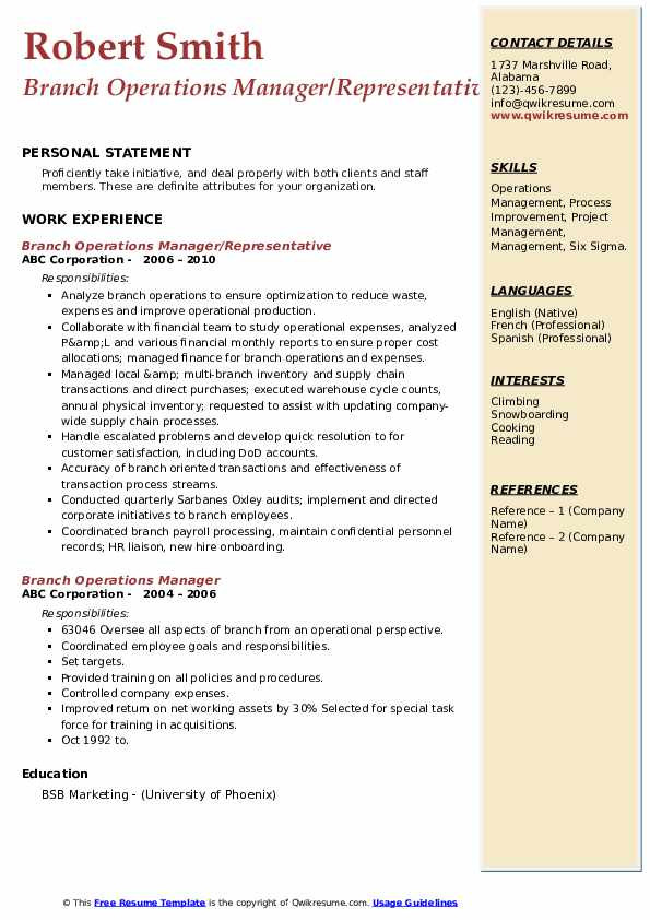 Sample Resume for Branch Operations Manager Branch Operations Manager Resume Samples