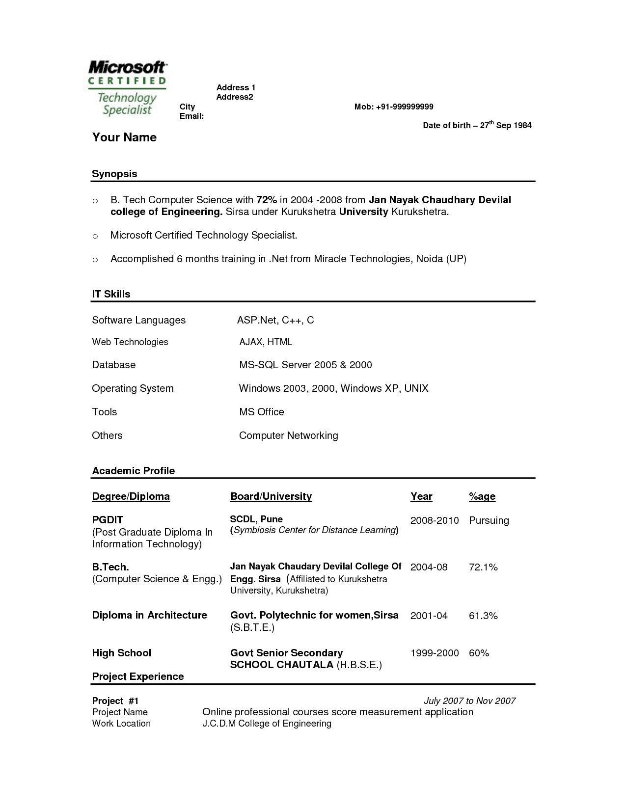 Sample Resume for Bsc Biotechnology Freshers Resume Resumee Coloring Best formats Livecareer format