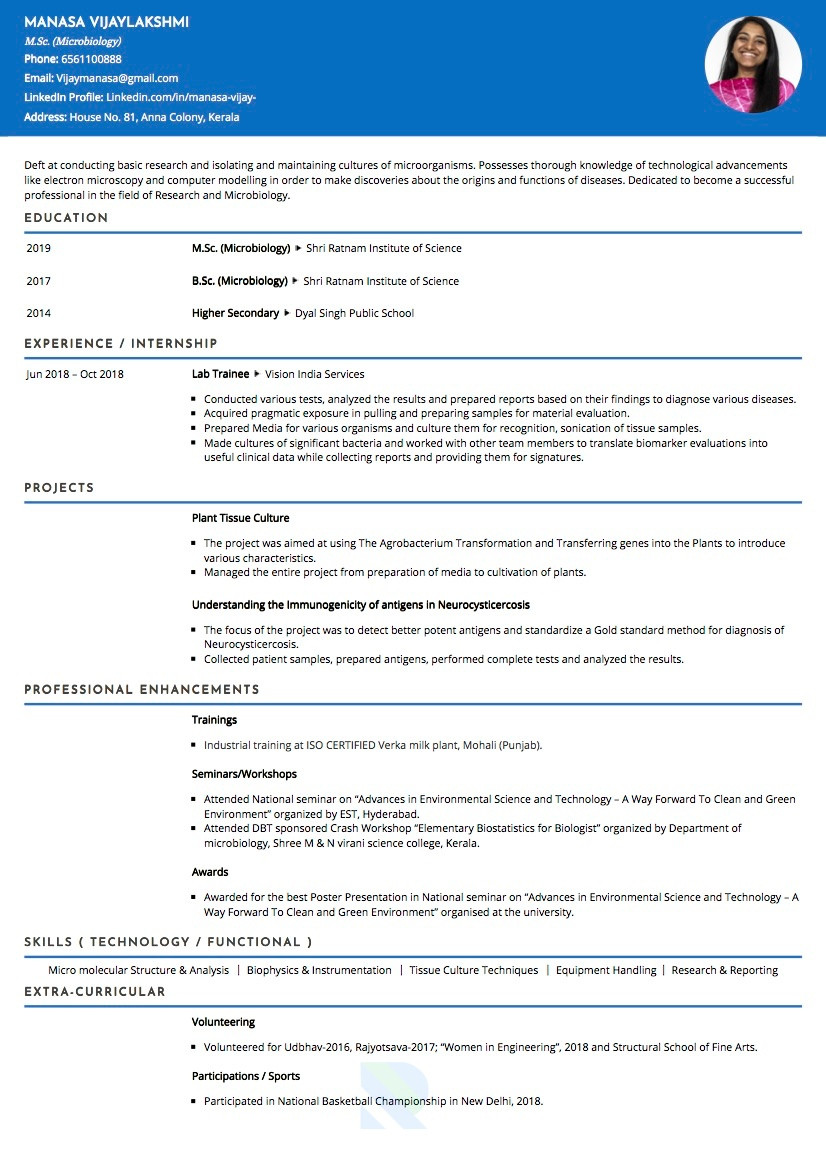 Sample Resume for Bsc Microbiologist Fresher Bsc Chemistry Fresher Resume Sample – Good Resume Examples