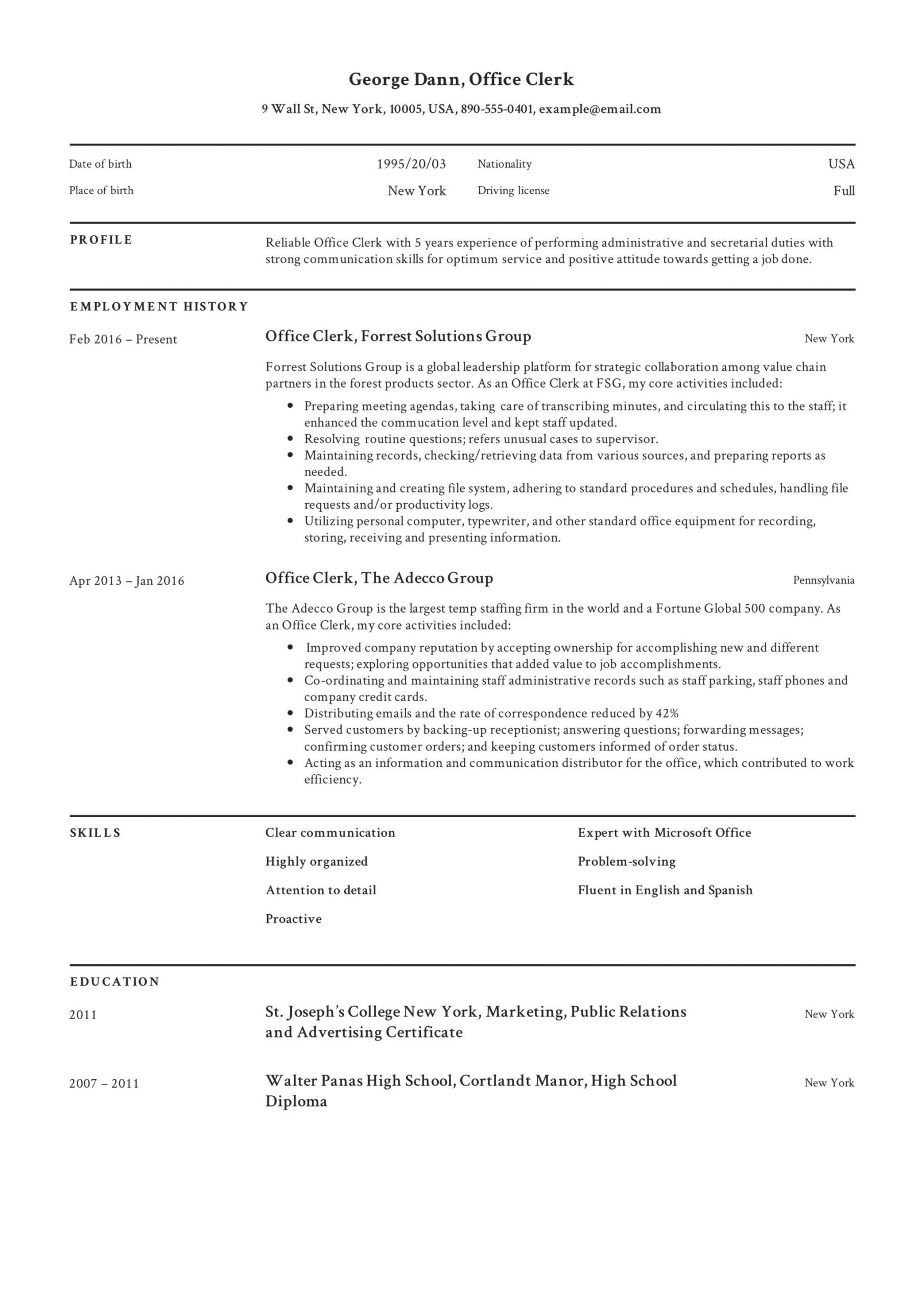 Sample Resume for Clerk with No Experience Office Clerk Resume & Guide  12 Samples Pdf 2020