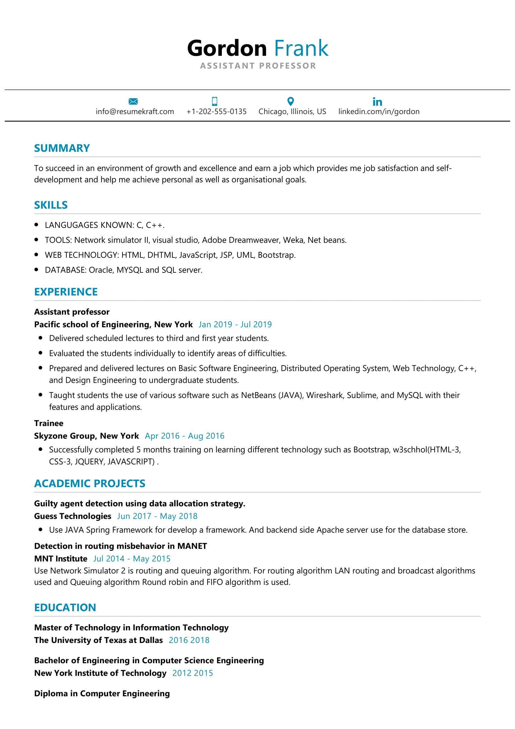 Sample Resume for Experienced assistant Professor In Engineering College assistant Professor Resume Sample Resumekraft
