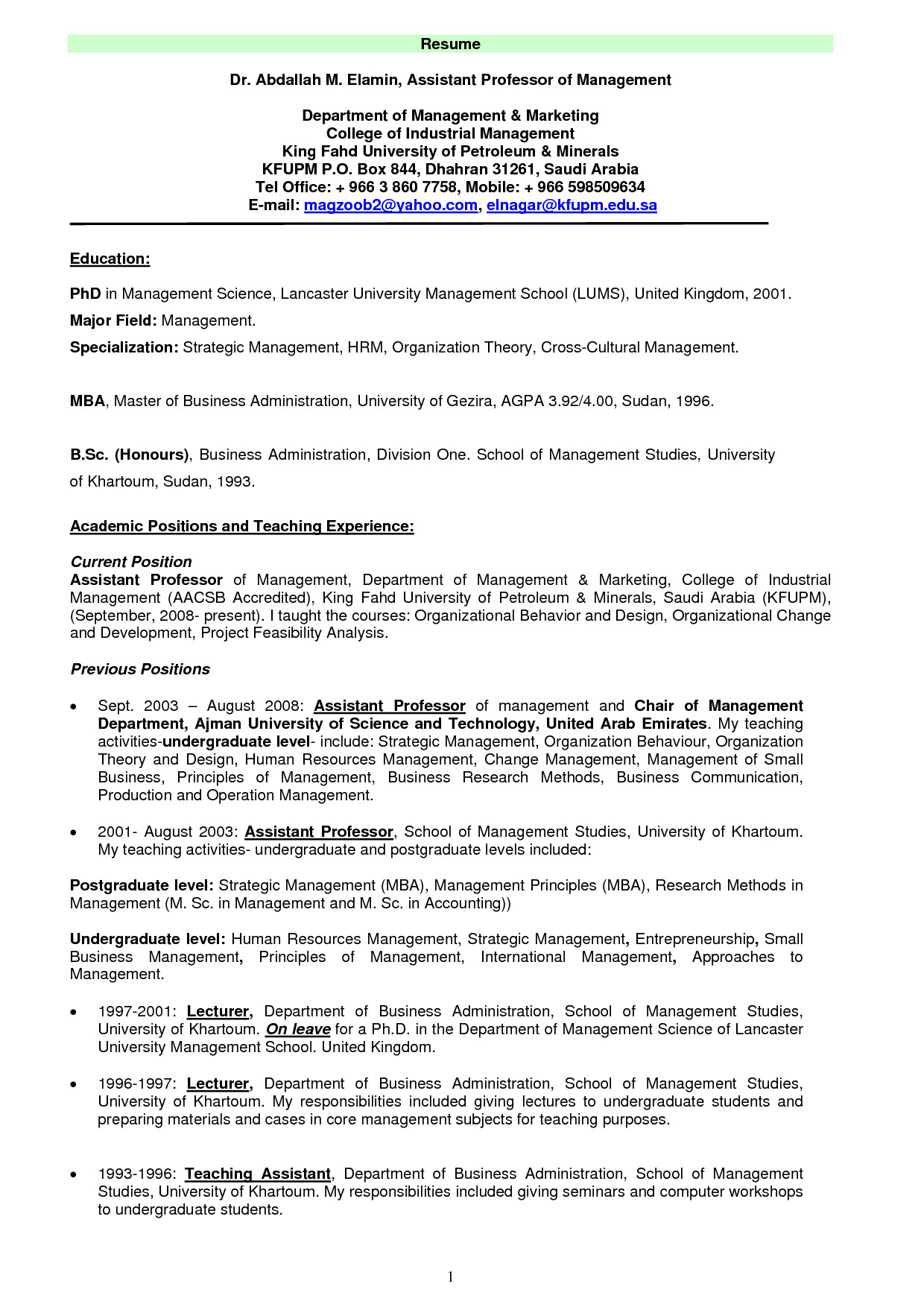 Sample Resume for Experienced assistant Professor In Engineering College Professor Resume Template