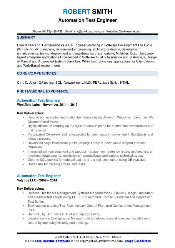 Sample Resume for Experienced Automation Test Engineer Automation Test Engineer Resume Samples