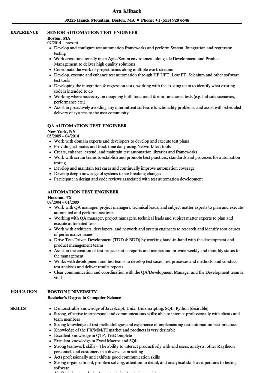 Sample Resume for Experienced Automation Test Engineer Automation Test Engineer Resume Samples