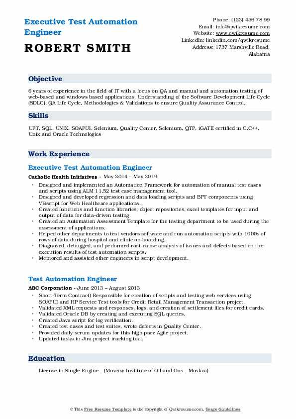 Sample Resume for Experienced Automation Test Engineer Test Automation Engineer Resume Samples