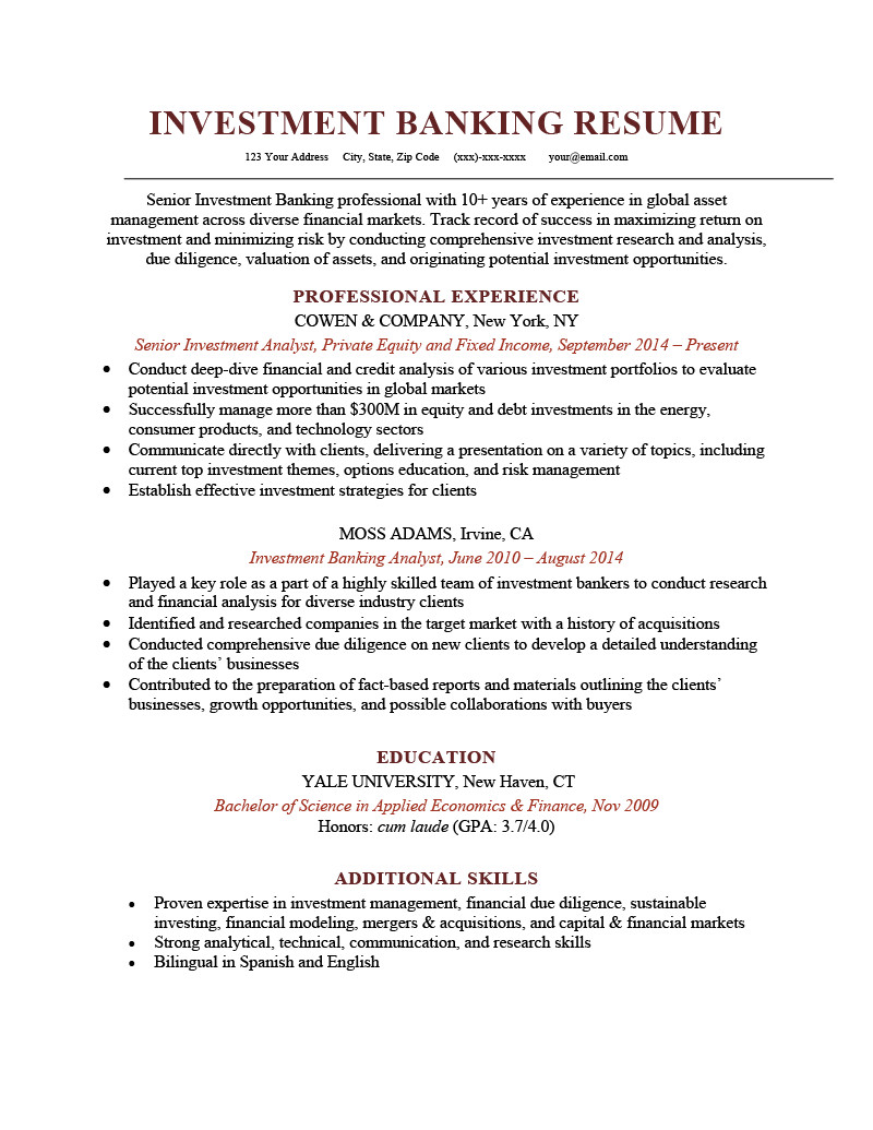 Sample Resume for Experienced Banking Professional Investment Banking Resume