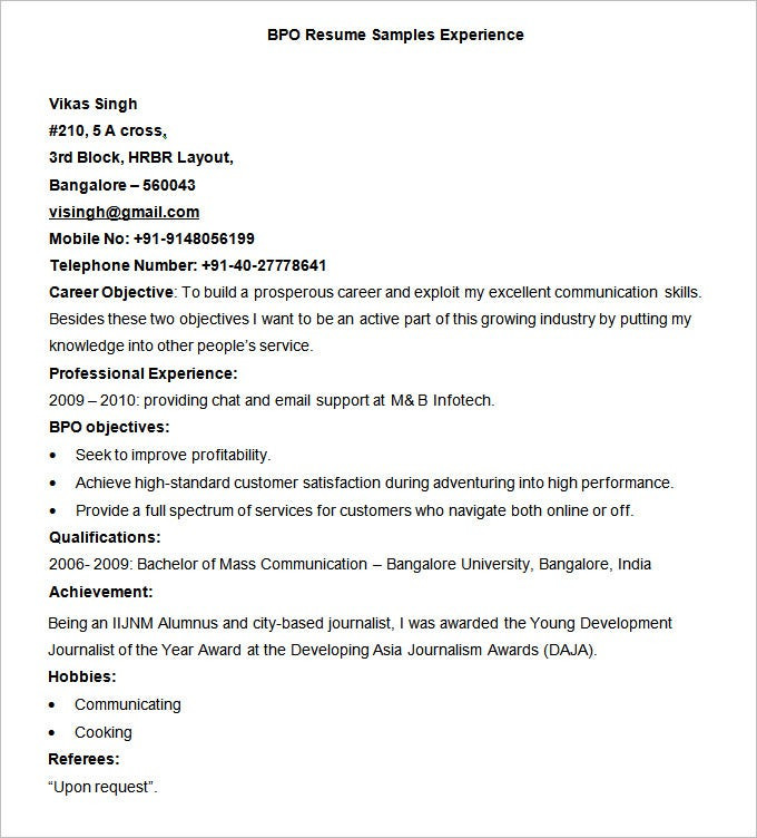 Sample Resume for Experienced Candidates In Bpo 38 Bpo Resume Templates Pdf Doc