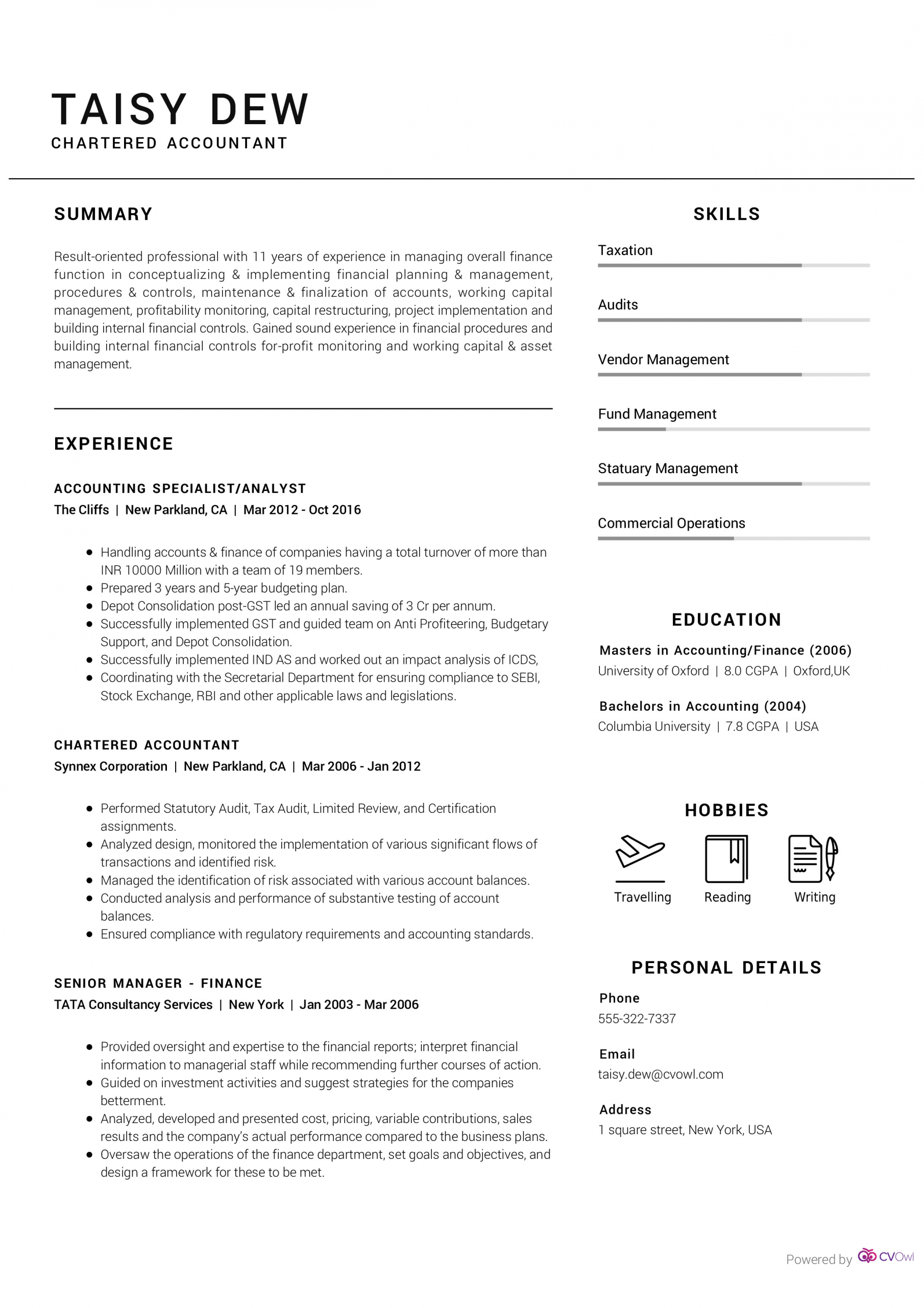 Sample Resume for Experienced Chartered Accountant Chartered Accountant Resume Sample