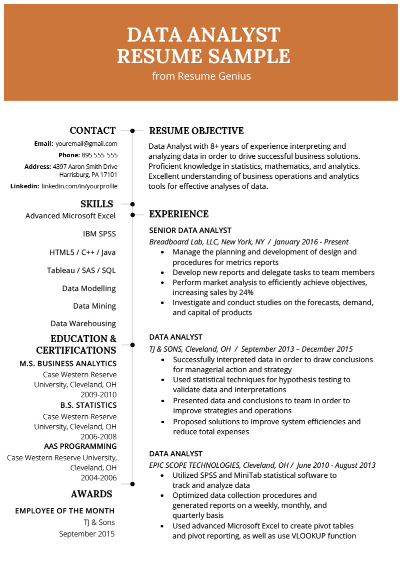 Sample Resume for Experienced Data Analyst Data Analyst Resume Example & Writing Guide