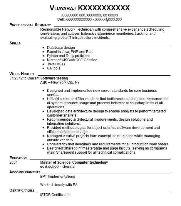 Sample Resume for Experienced Database Test Engineer 10 Years Experience software Engineer Resume
