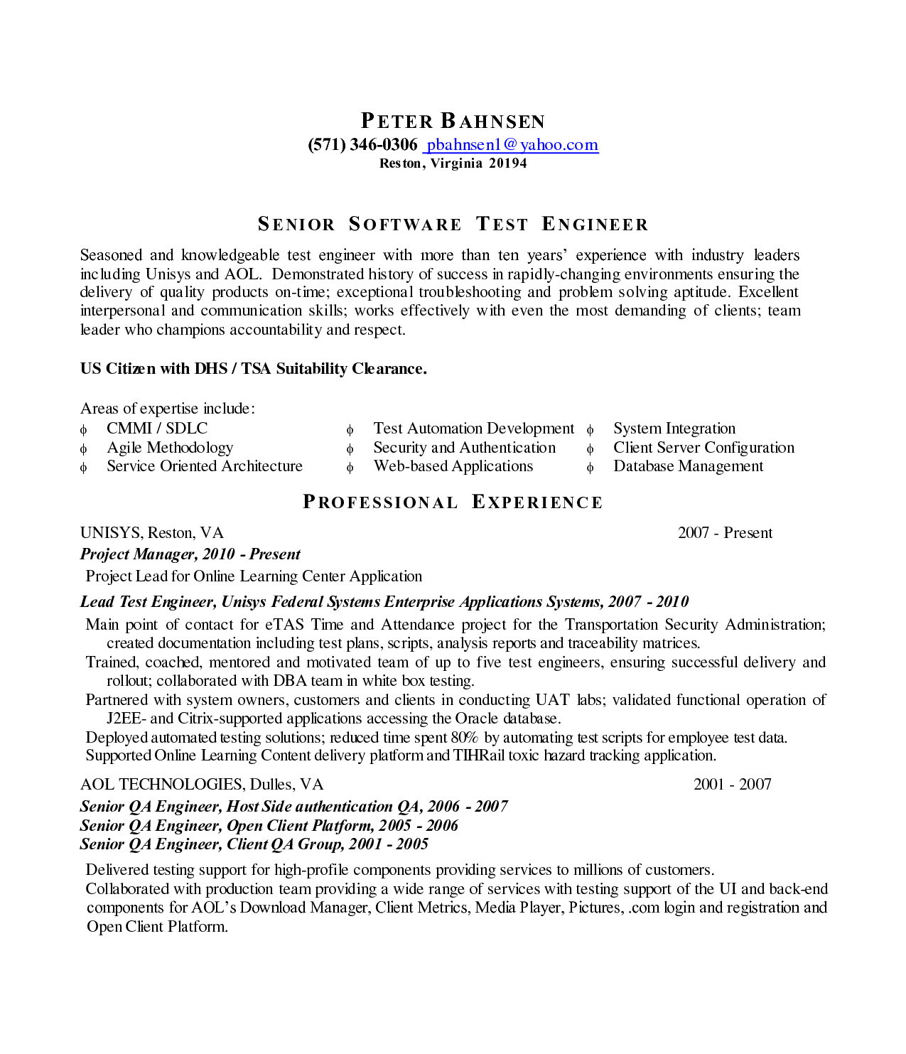 Sample Resume for Experienced Database Test Engineer Sample Resume for software Test Engineer with Experience