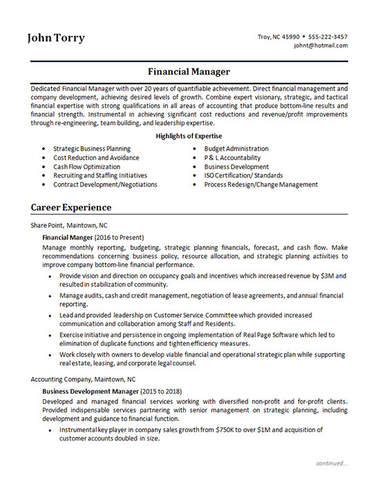 Sample Resume for Experienced Finance Executive Finance Manager