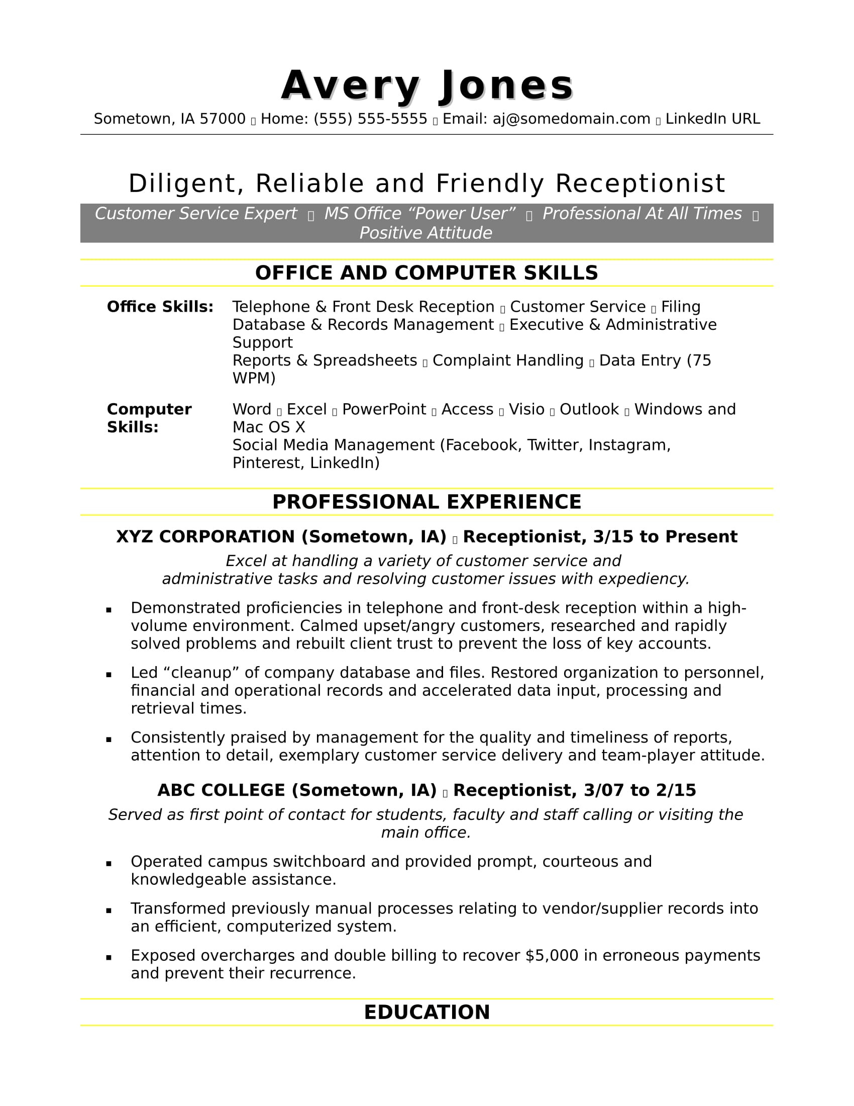 Sample Resume for Front Office Receptionist Receptionist Resume Sample Monster.com
