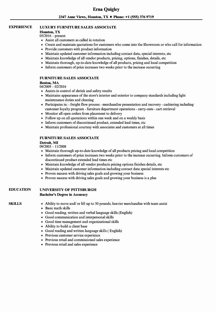 Sample Resume for Furniture Sales Position Retail Sales associate Resume Examples Inspirational Furniture …