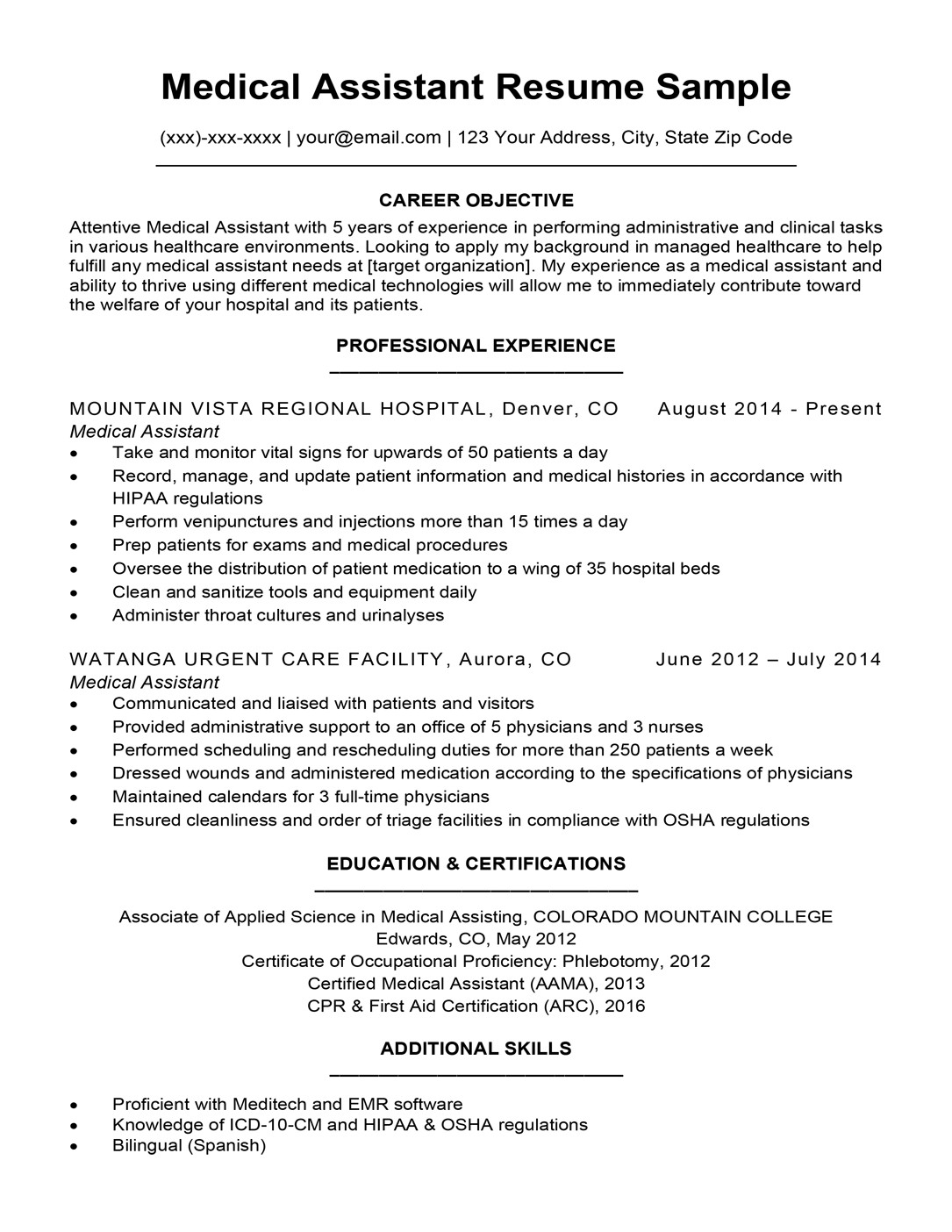 Sample Resume for Medical assistant with Experience Medical assistant Resume Sample