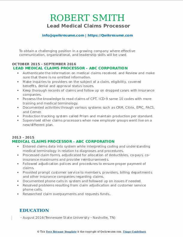 Sample Resume for Medical Claims Processor Medical Claims Processor Resume Samples