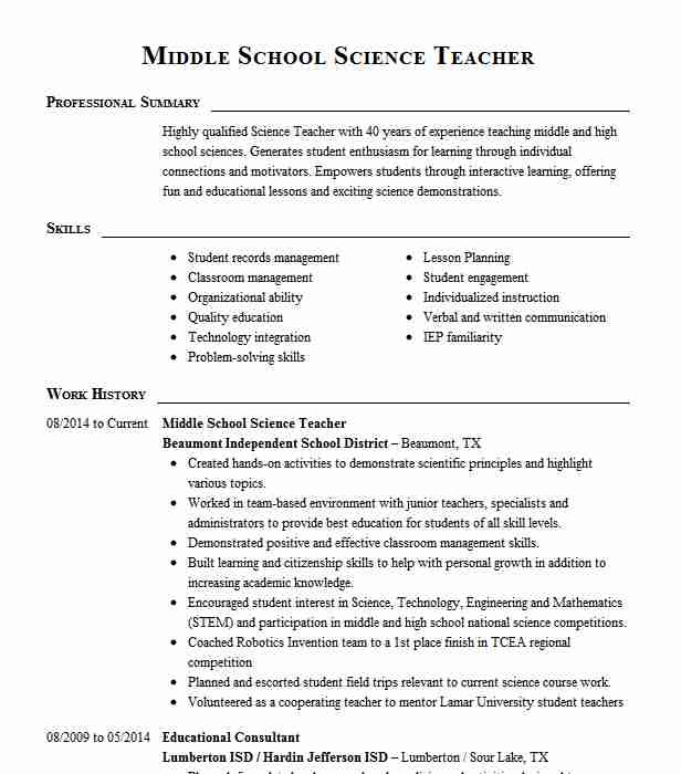 Sample Resume for Middle School Science Teacher Middle School Science Teacher Resume Example