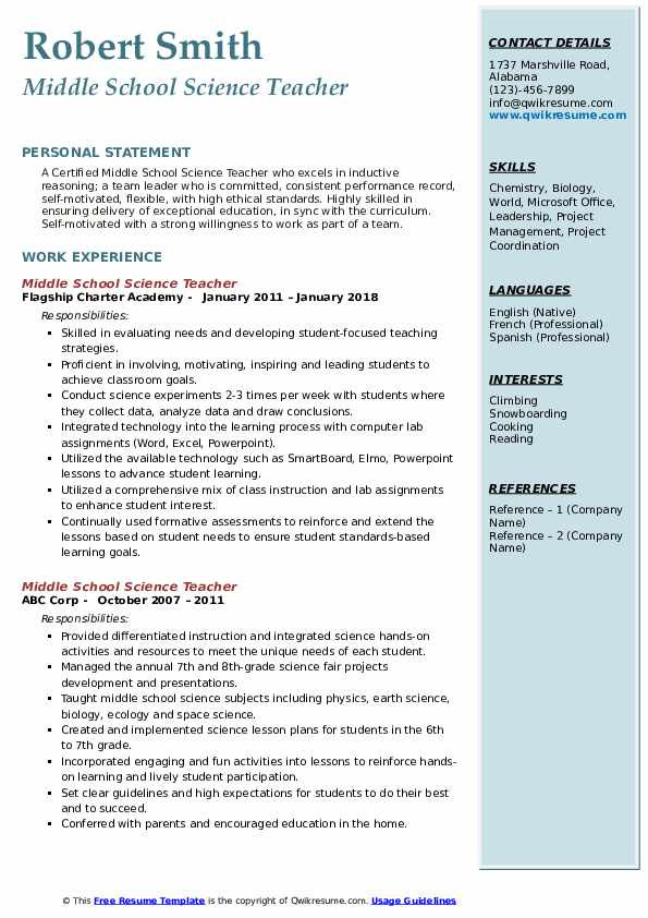 Sample Resume for Middle School Science Teacher Middle School Science Teacher Resume Samples