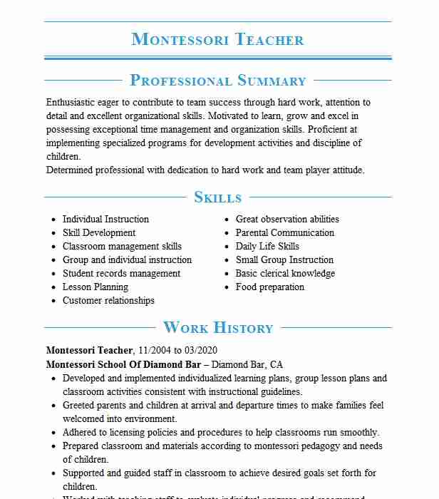 Sample Resume for Montessori assistant Teacher Montessori assistant Teacher Resume Example Living