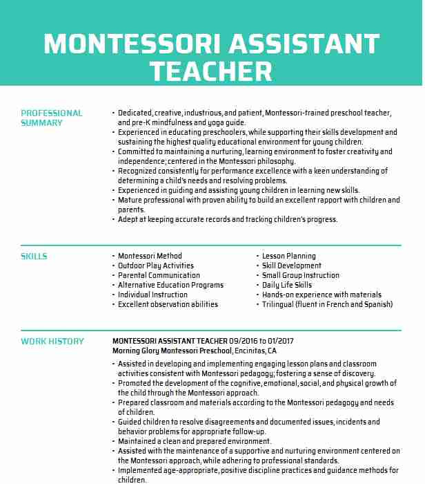 Sample Resume for Montessori assistant Teacher Montessori assistant Teacher Resume Example Living