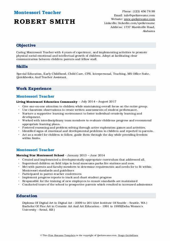 Sample Resume for Montessori assistant Teacher Montessori Teacher Resume Samples