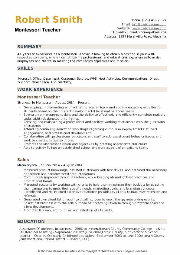 Sample Resume for Montessori assistant Teacher Montessori Teacher Resume Samples