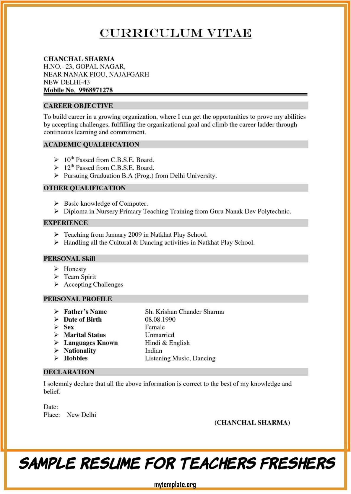 Sample Resume for Pre Primary School Teacher Cv for Teaching Job Application for Fresher : Fresher School …