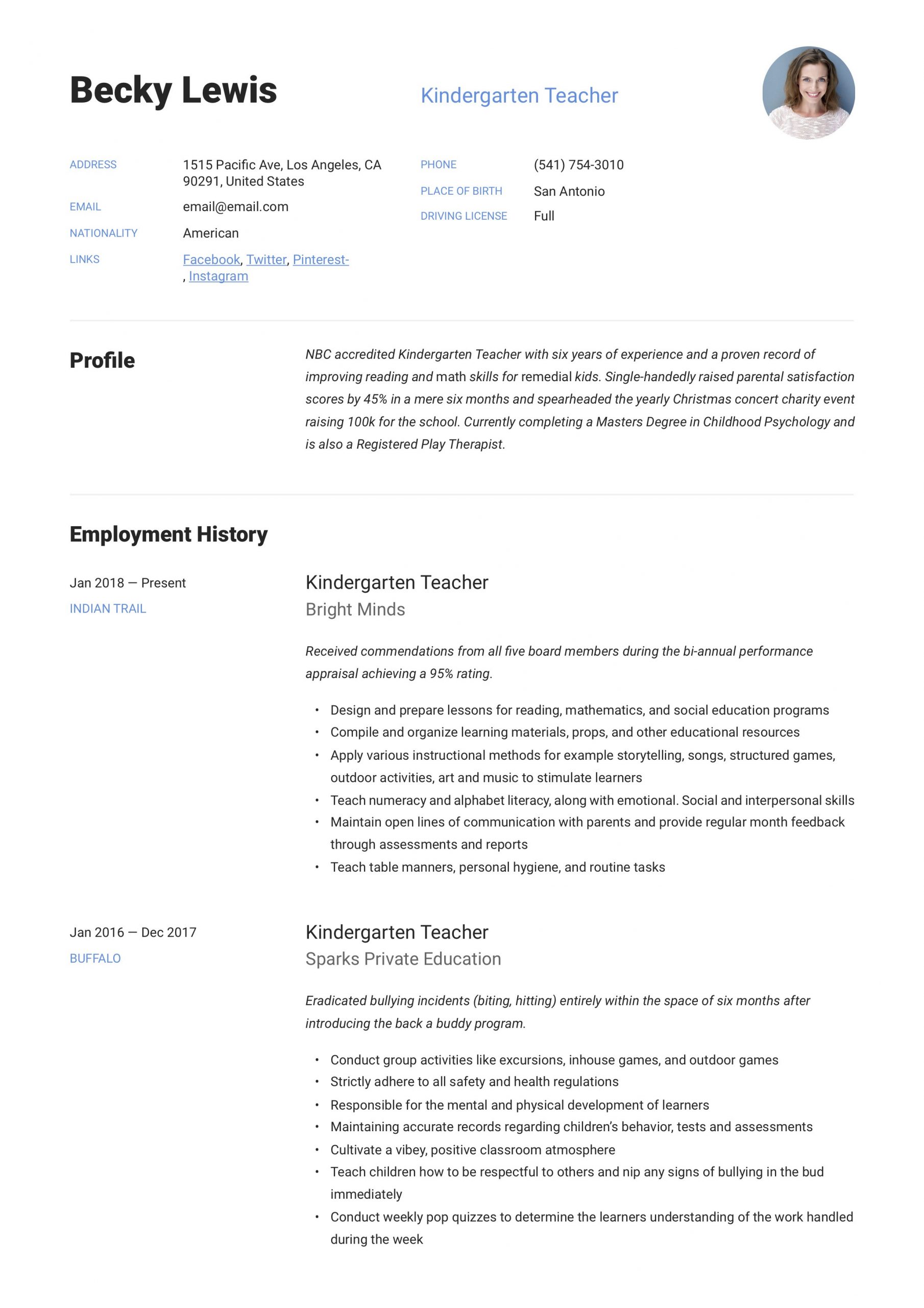 Sample Resume for Pre Primary School Teacher Kindergarten Teacher Resume & Writing Guide  12 Examples 2020