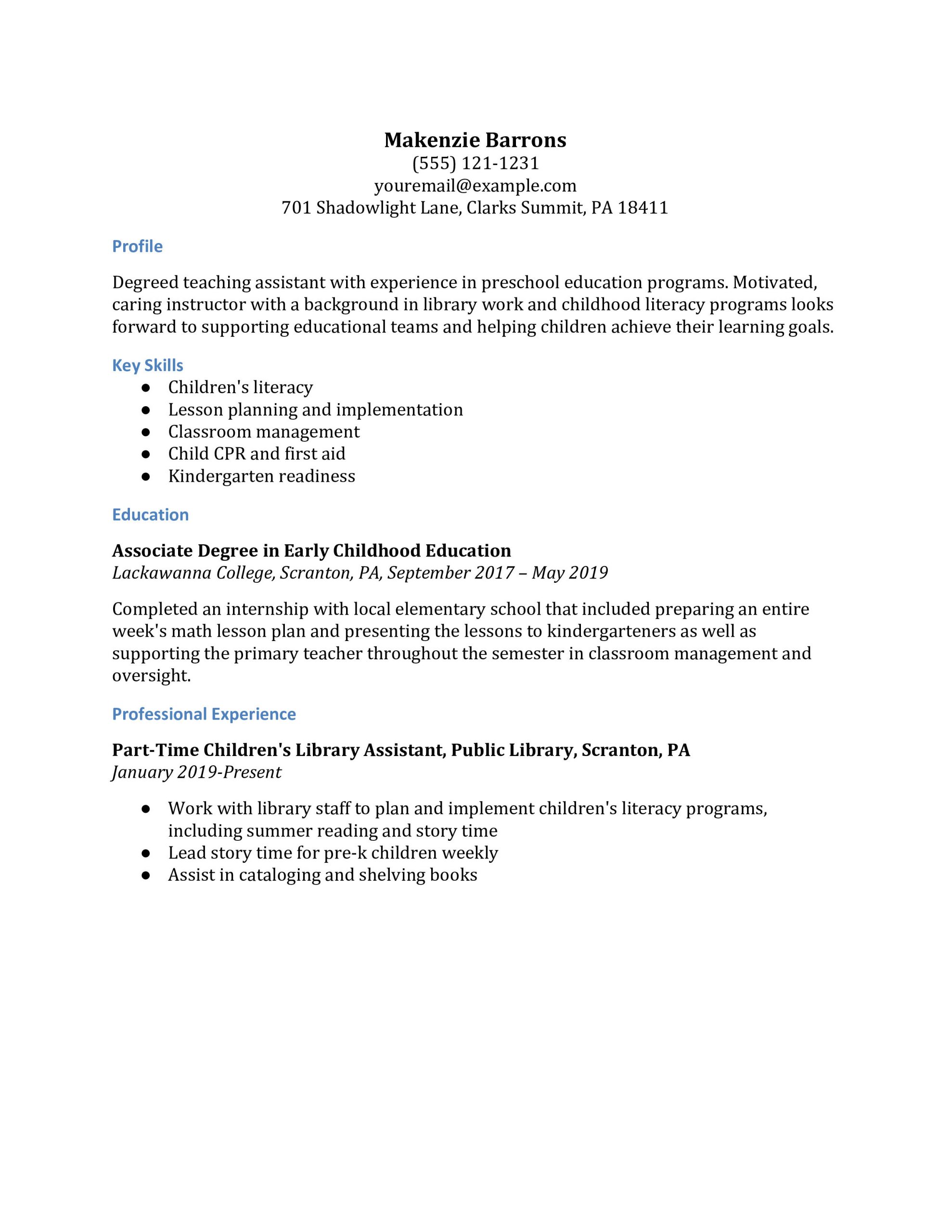 Sample Resume for Preschool Teacher assistant Teacher assistant Resume Examples – Resumebuilder.com