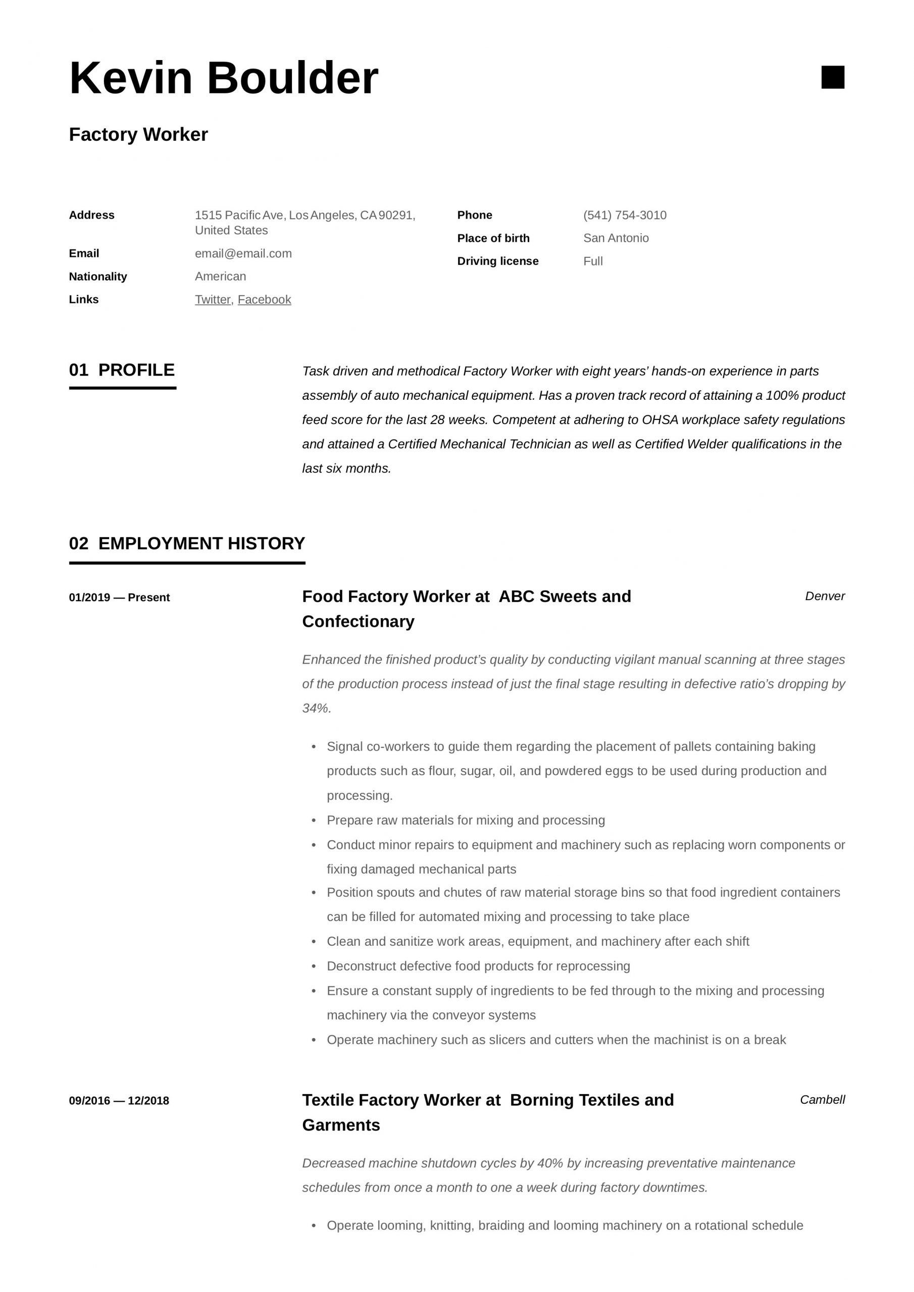 Sample Resume for Production Line Worker Factory Worker Resume & Writing Guide  12 Resume Examples 2020