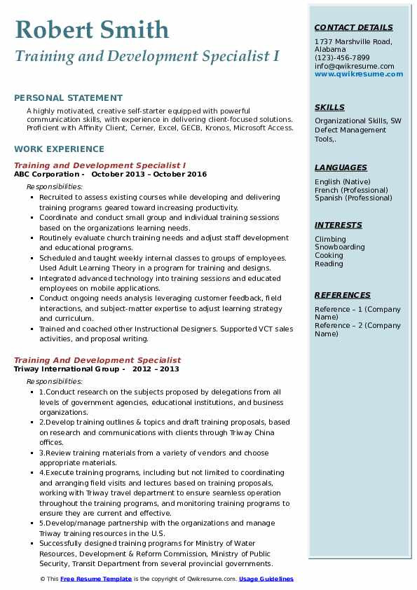 Sample Resume for Training and Development Specialist Pdf Training and Development Specialist Resume Samples