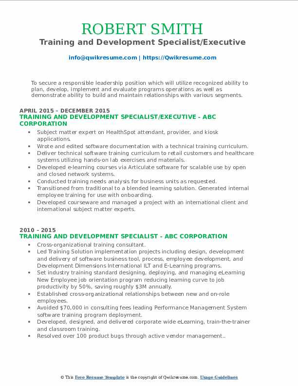 Sample Resume for Training and Development Specialist Pdf Training and Development Specialist Resume Samples