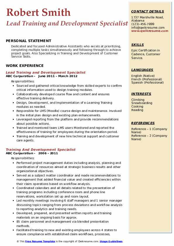 Sample Resume for Training and Development Specialist Pdf Training and Development Specialist Resume Samples