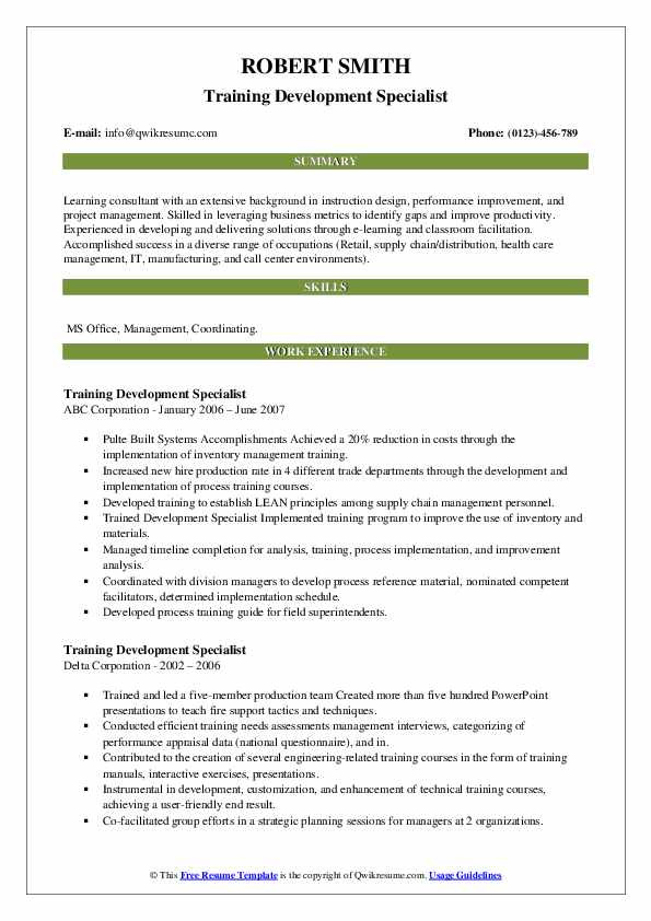 Sample Resume for Training and Development Specialist Pdf Training Development Specialist Resume Samples