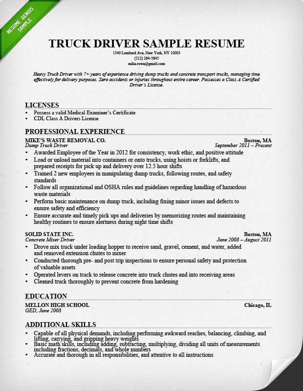 Sample Resume for Truck Driver Position Truck Driver Resume Sample and Tips