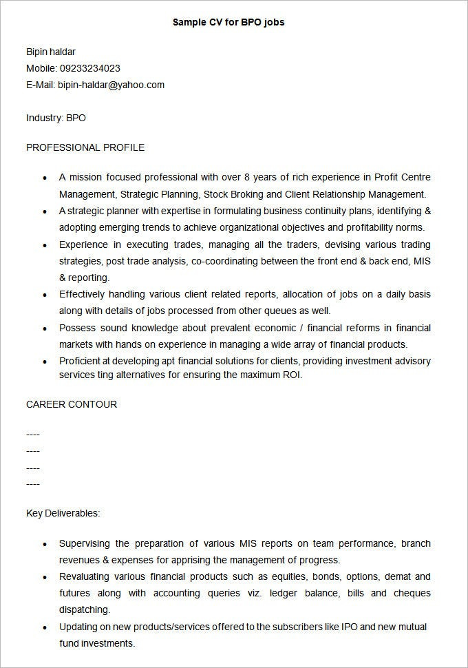 Sample Resume format for Bpo Jobs 38 Bpo Resume Templates Pdf Doc