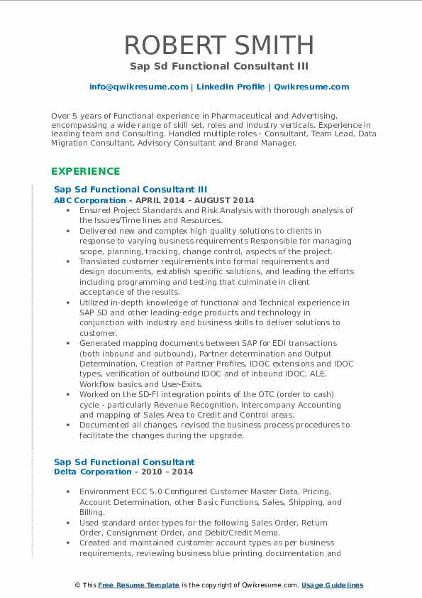 Sap Sd Functional Consultant Resume Sample Sap Sd Functional Consultant Resume Samples