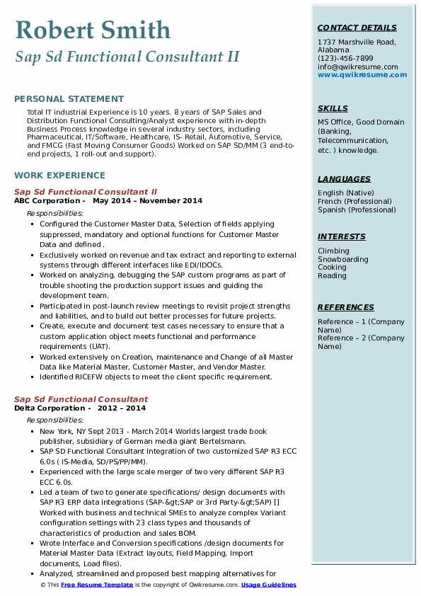 Sap Sd Functional Consultant Resume Sample Sap Sd Functional Consultant Resume Samples