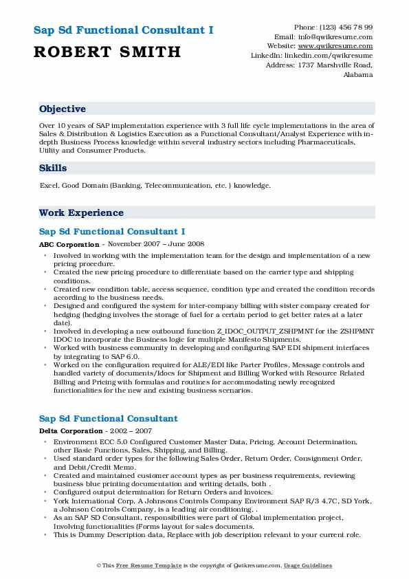 Sap Sd Functional Consultant Resume Sample Sap Sd Functional Consultant Resume Samples