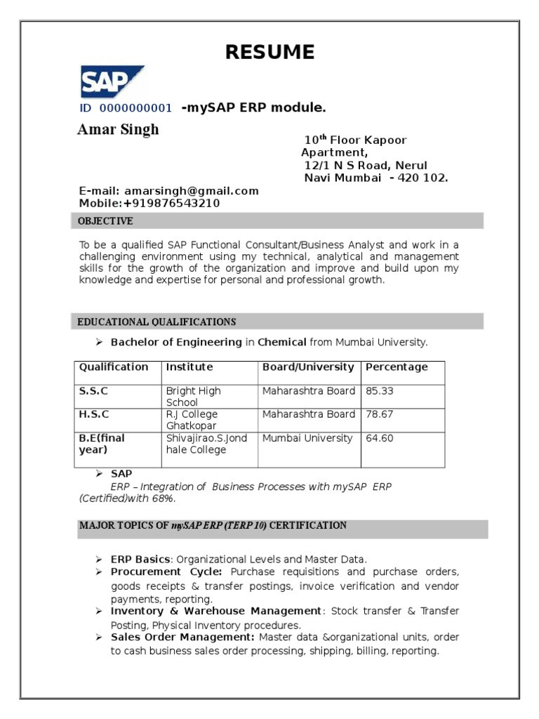 Sap Sd Sample Resume for Fresher Sap Sd Resume format