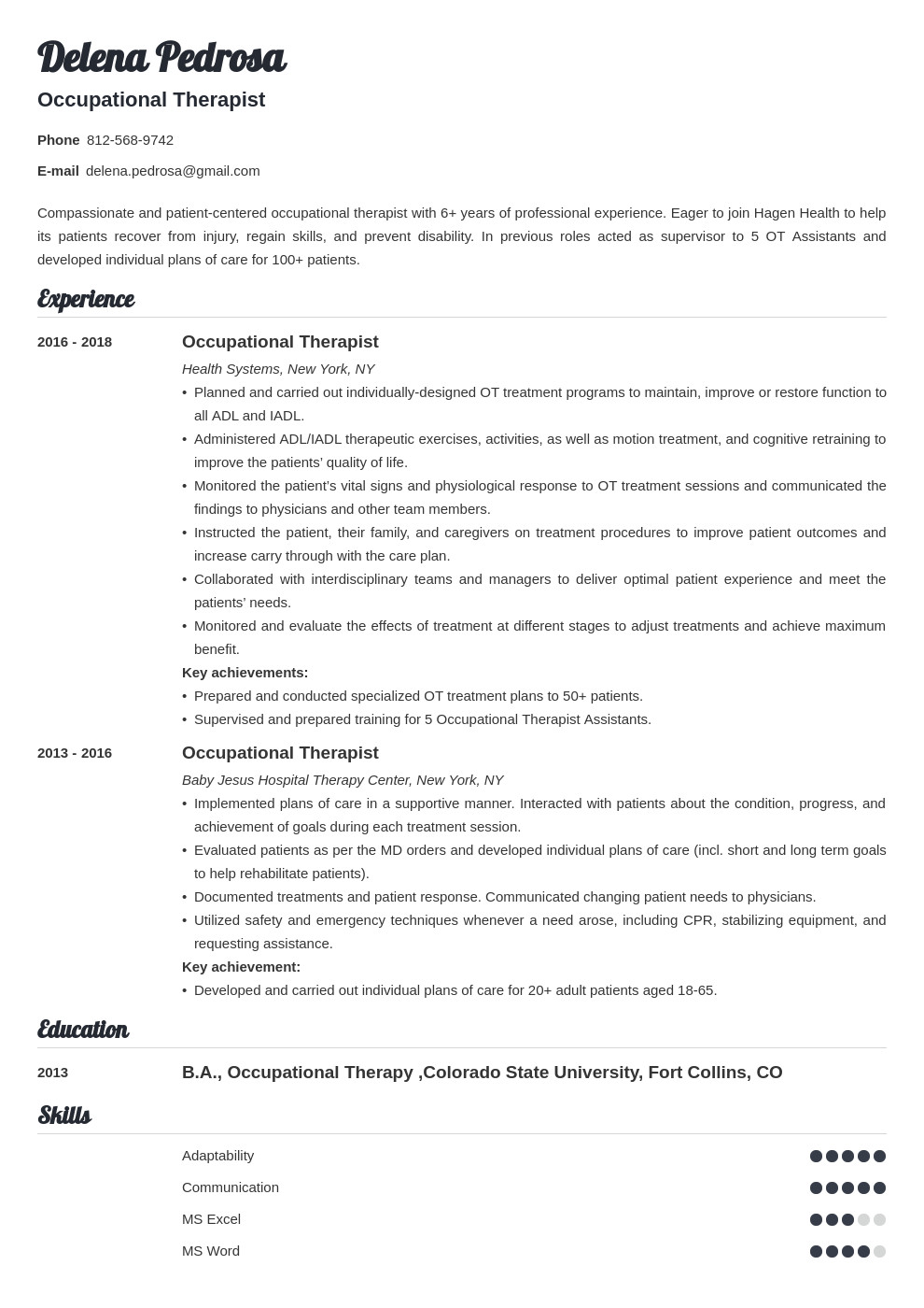 School Based Occupational therapy Resume Sample Occupational therapy Ot Resume Examples & Sample Skills